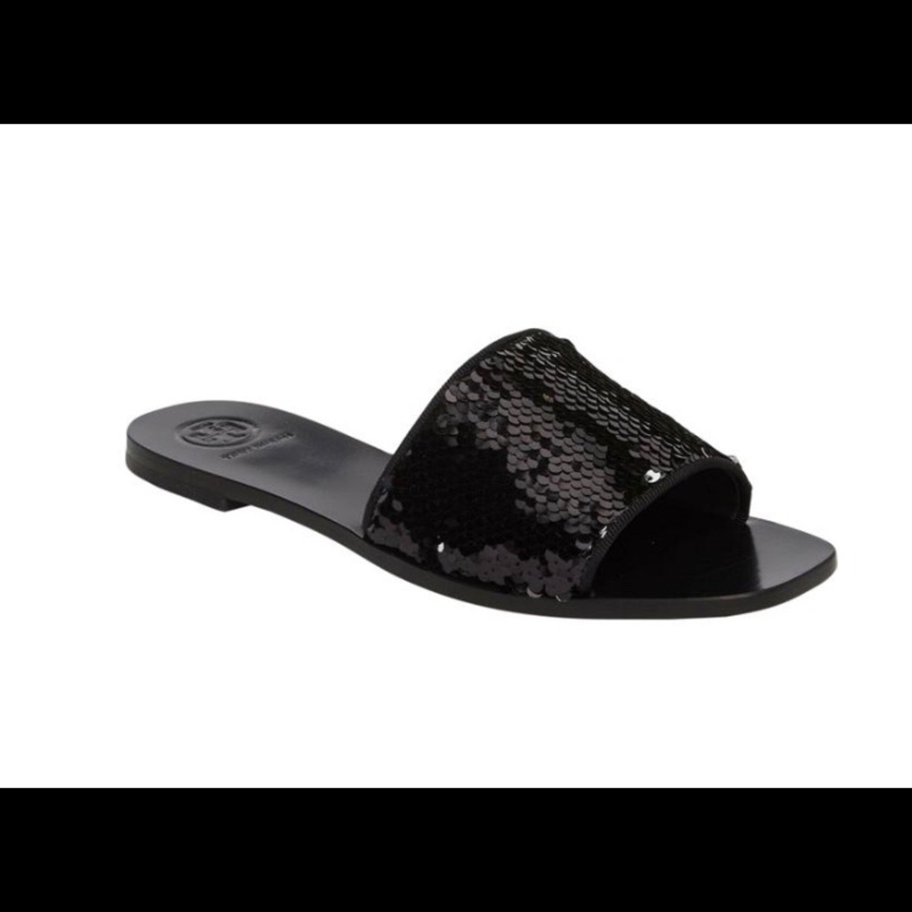 Tory Burch carter sequin black and‎ silver sandals